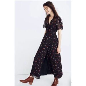 Madewell Navy Floral Flutter Sleeve Maxi Dress